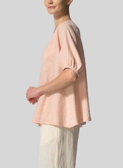 Linen Drawstring Cuffs Short Sleeve Top