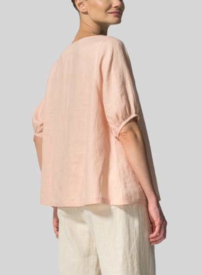 Linen Drawstring Cuffs Short Sleeve Top