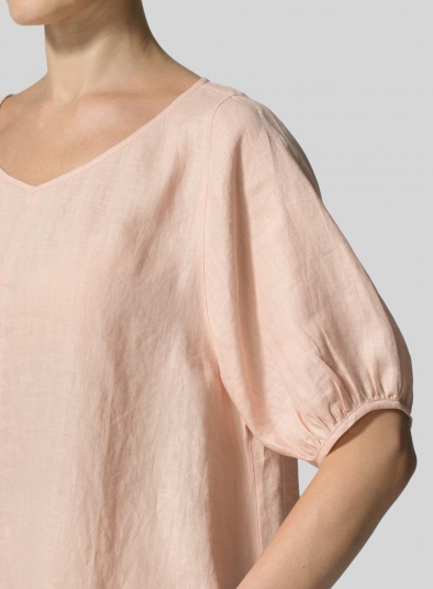 Linen Drawstring Cuffs Short Sleeve Top