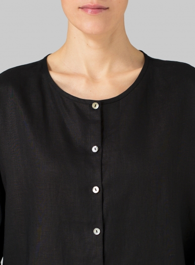 Linen Black Round Neck Button Front Top Set - Plus Size