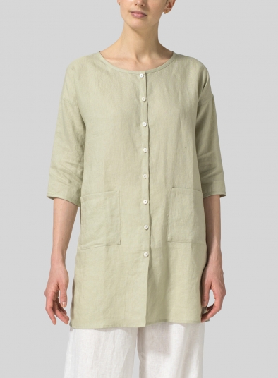 Linen Round Neck Button Front Top