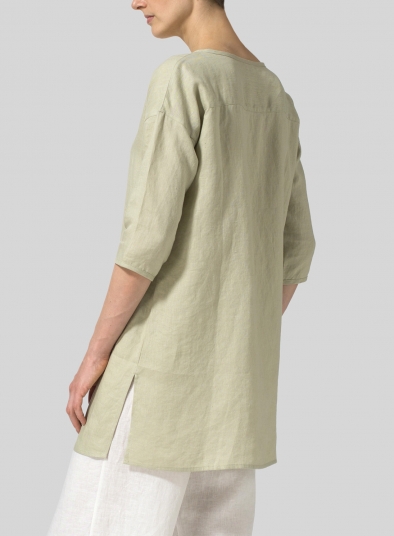 Linen Round Neck Button Front Top