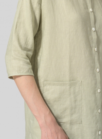 Linen Round Neck Button Front Top