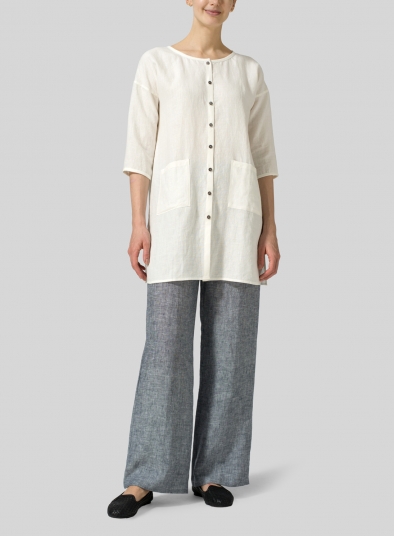 Linen Round Neck Button Front Top