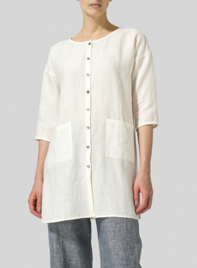 Linen Round Neck Button Front Top