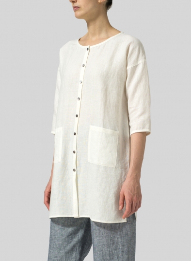 Linen Round Neck Button Front Top