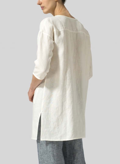 Linen Round Neck Button Front Top