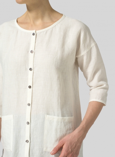 Linen Round Neck Button Front Top