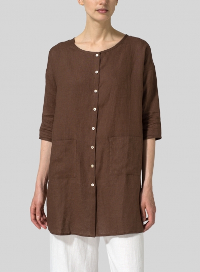 Linen Round Neck Button Front Top