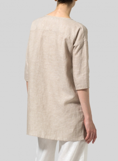 Linen Round Neck Button Front Top