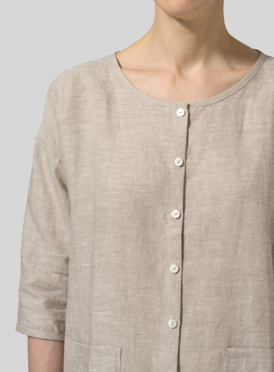 Linen Round Neck Button Front Top