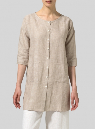 Linen Round Neck Button Front Top