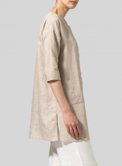 Linen Round Neck Button Front Top