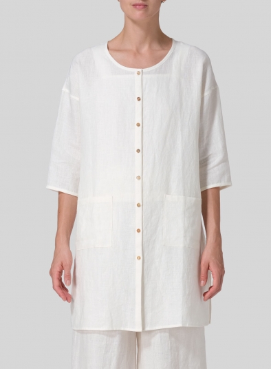 Linen Round Neck Button Front Top