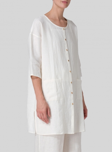 Linen Round Neck Button Front Top