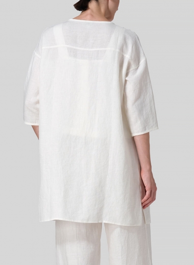 Linen Round Neck Button Front Top