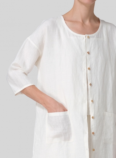 Linen Round Neck Button Front Top