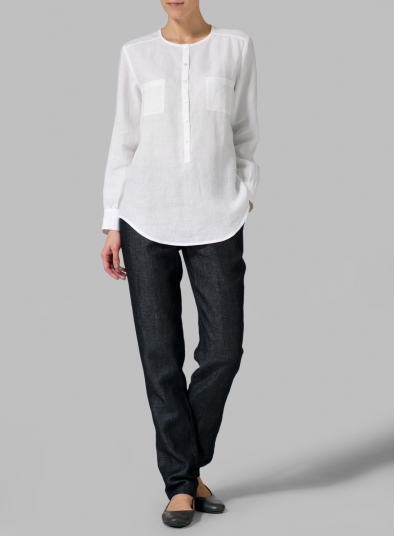 Linen Round Neck Long Sleeve Shirt