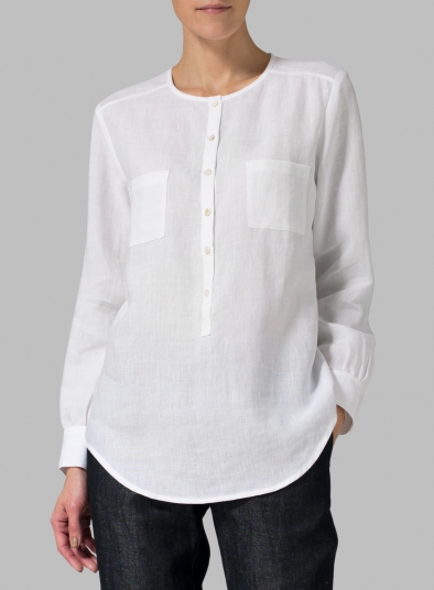 Linen Round Neck Long Sleeve Shirt