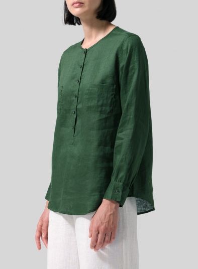 Linen Round Neck Long Sleeve Shirt