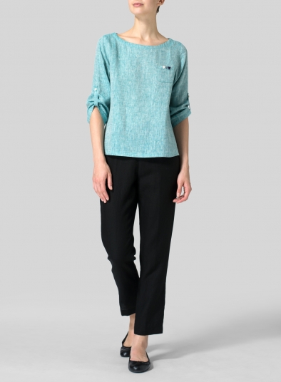 Linen Collarless Three-quarter Sleeve Top