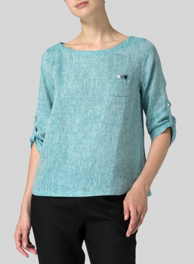 Linen Collarless Three-quarter Sleeve Top