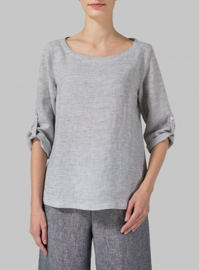 Linen Boat Neck Three-quarter Sleeve Top