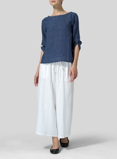 Linen Boat Neck Three-quarter Sleeve Top