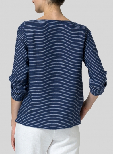 Linen Boat Neck Three-quarter Sleeve Top