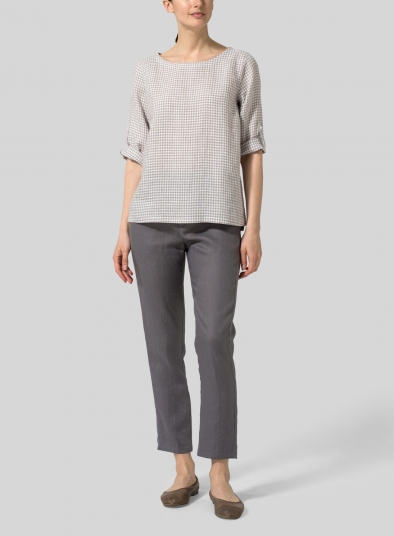 Linen Boat Neck Three-quarter Sleeve Top