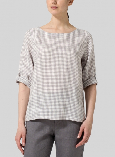 Linen Boat Neck Three-quarter Sleeve Top