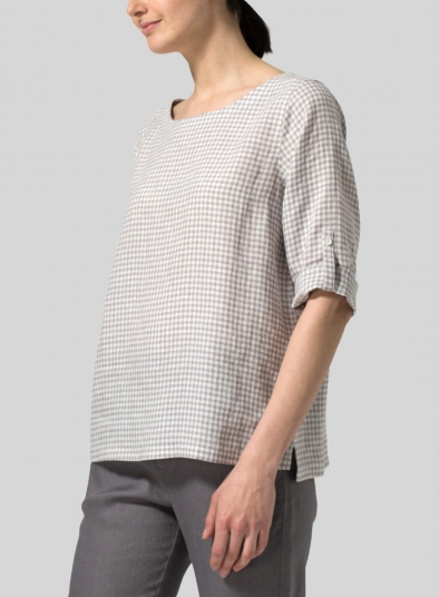 Linen Boat Neck Three-quarter Sleeve Top