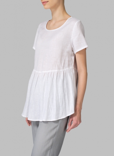 White Linen Short Sleeve Pleated Blouse Set