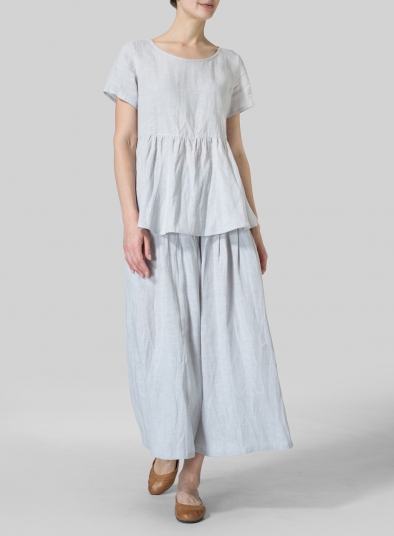 Linen Short Sleeve Pleated Blouse