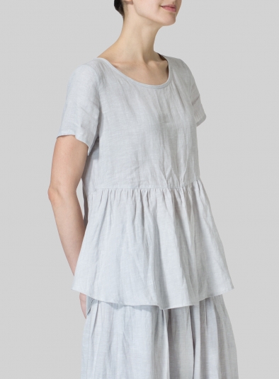 Linen Short Sleeve Pleated Blouse