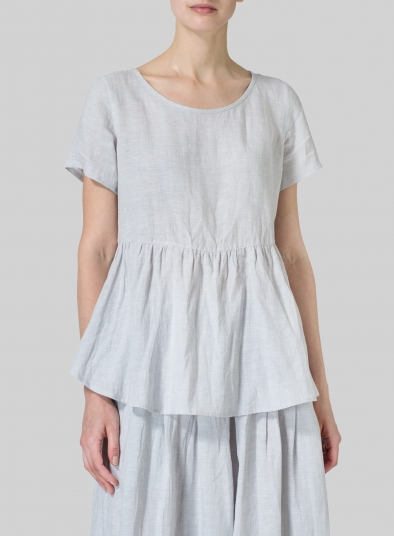 Linen Short Sleeve Pleated Blouse