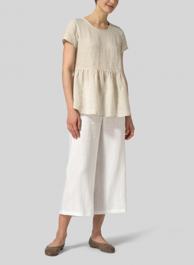 Linen Short Sleeve Pleated Blouse