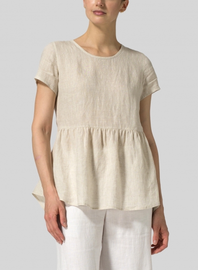 Linen Short Sleeve Pleated Blouse