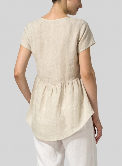 Linen Short Sleeve Pleated Blouse