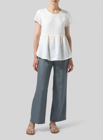 Linen Short Sleeve Pleated Blouse