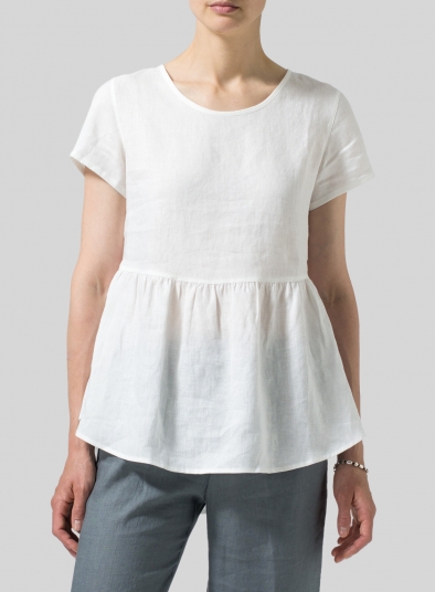 Linen Short Sleeve Pleated Blouse