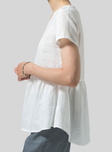 Linen Short Sleeve Pleated Blouse