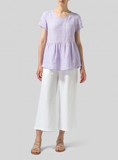 Linen Short Sleeve Pleated Blouse