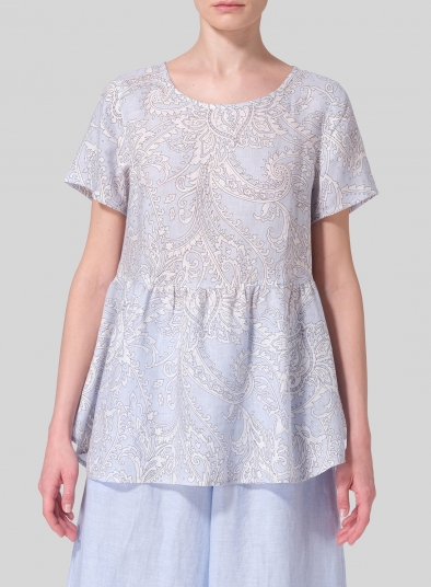 Linen Short Sleeve Pleated Blouse