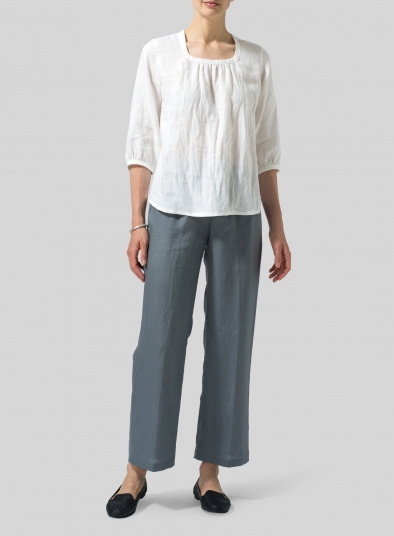 Linen Three-Quarter Bishop-Sleeve Blouse