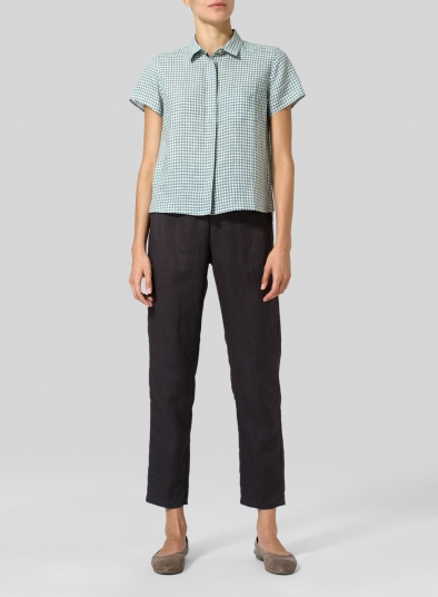 Linen Short Sleeve Mini-point Collar Shirt