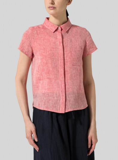 Linen Short Sleeve Mini-point Collar Shirt