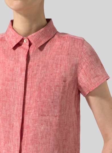 Linen Short Sleeve Mini-point Collar Shirt