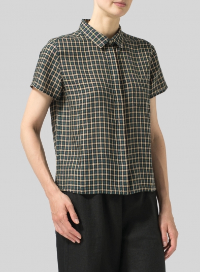Linen Short Sleeve Mini-point Collar Shirt