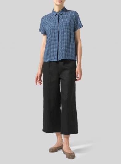 Linen Short Sleeve Mini-point Collar Shirt
